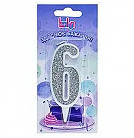 Свеча-цифра Balun "6" белая серебро 9 см 03695 Свеча-цифра Balun "6" белая серебро 9 см 03695